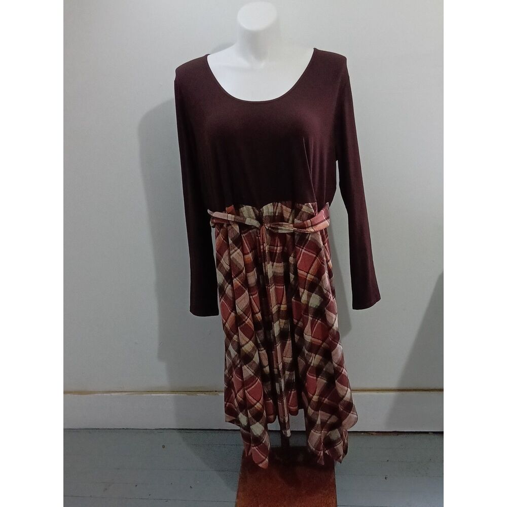 Cato Women's Brown Plaid Plus Dress Tie Sash Long Sleeve Size 22/24W NWT